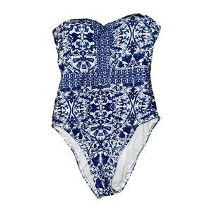 Antonio Melani blue and white geometric pattern one piece swimsuit size 6